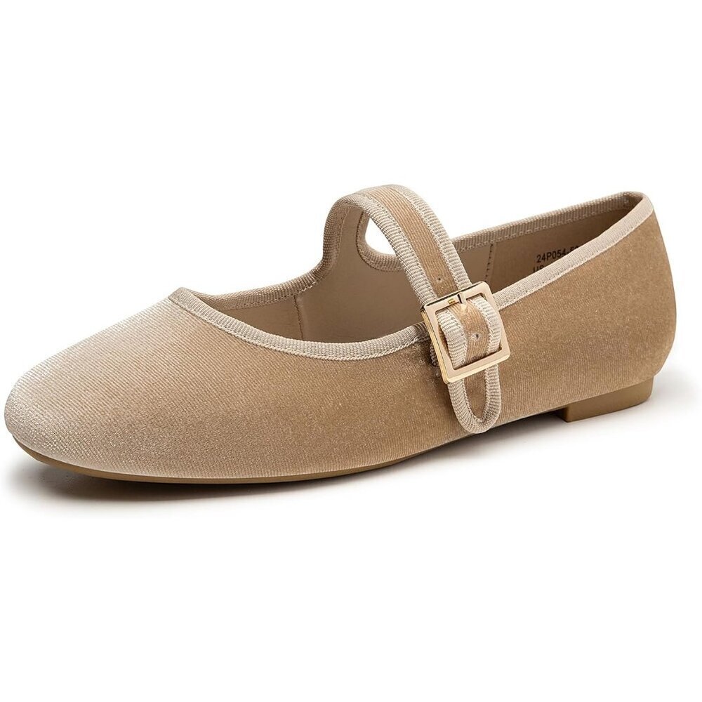 Trary Women's Nude Velvet Square Toe Buckle Strap Ballet Mary Jane Shoes